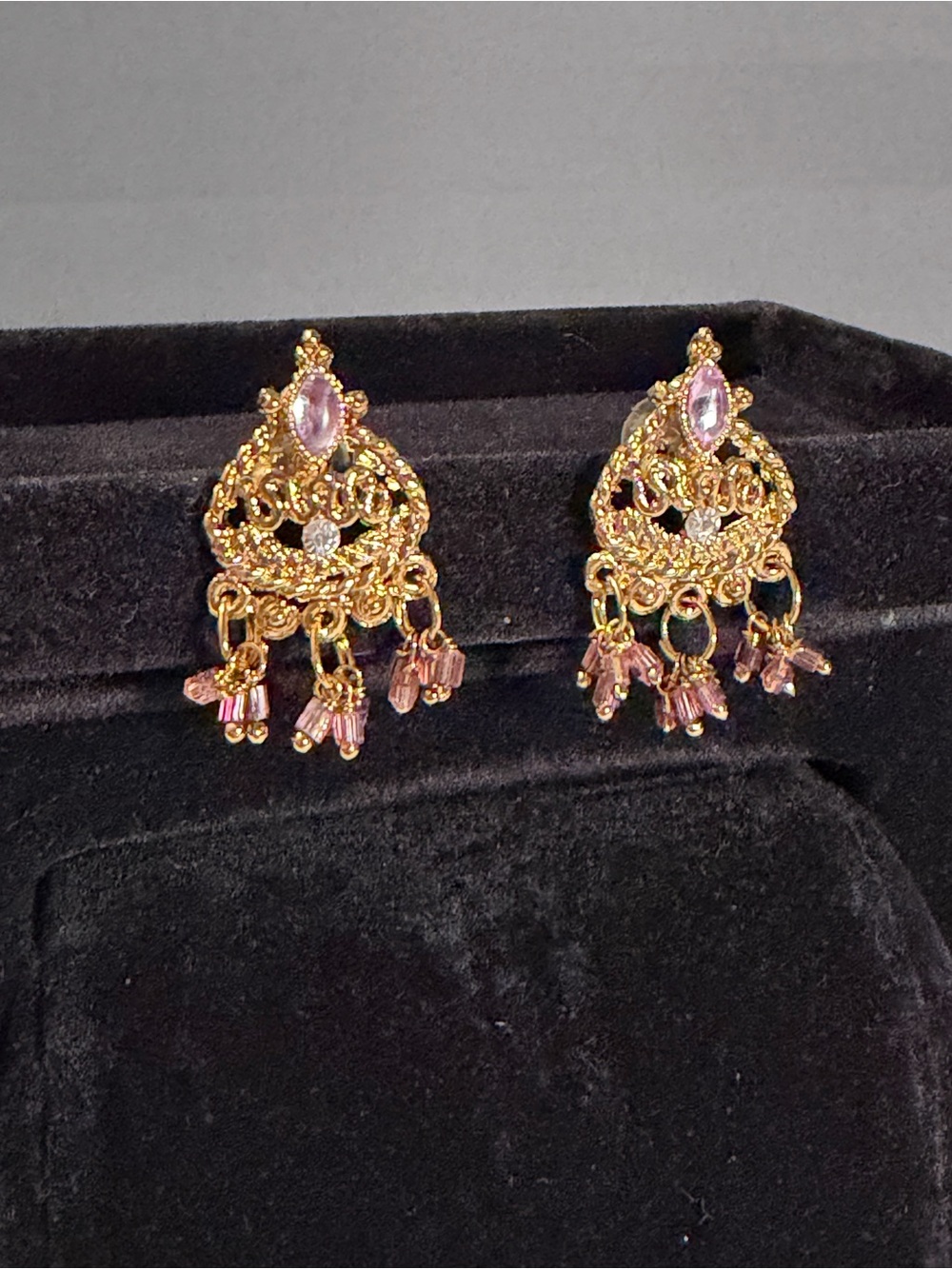 Gold Filigree Dangle Earrings with Pink Bead Accents